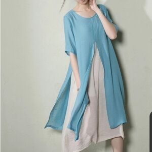 Zanzea Light Blue and White Layered Look Flowy Dress Size S
